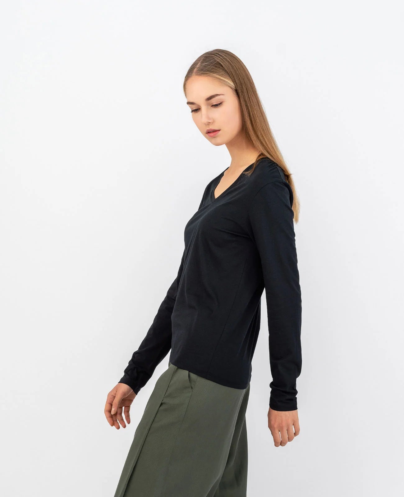 Organic Pima Cotton Long Sleeve V Neck Tee