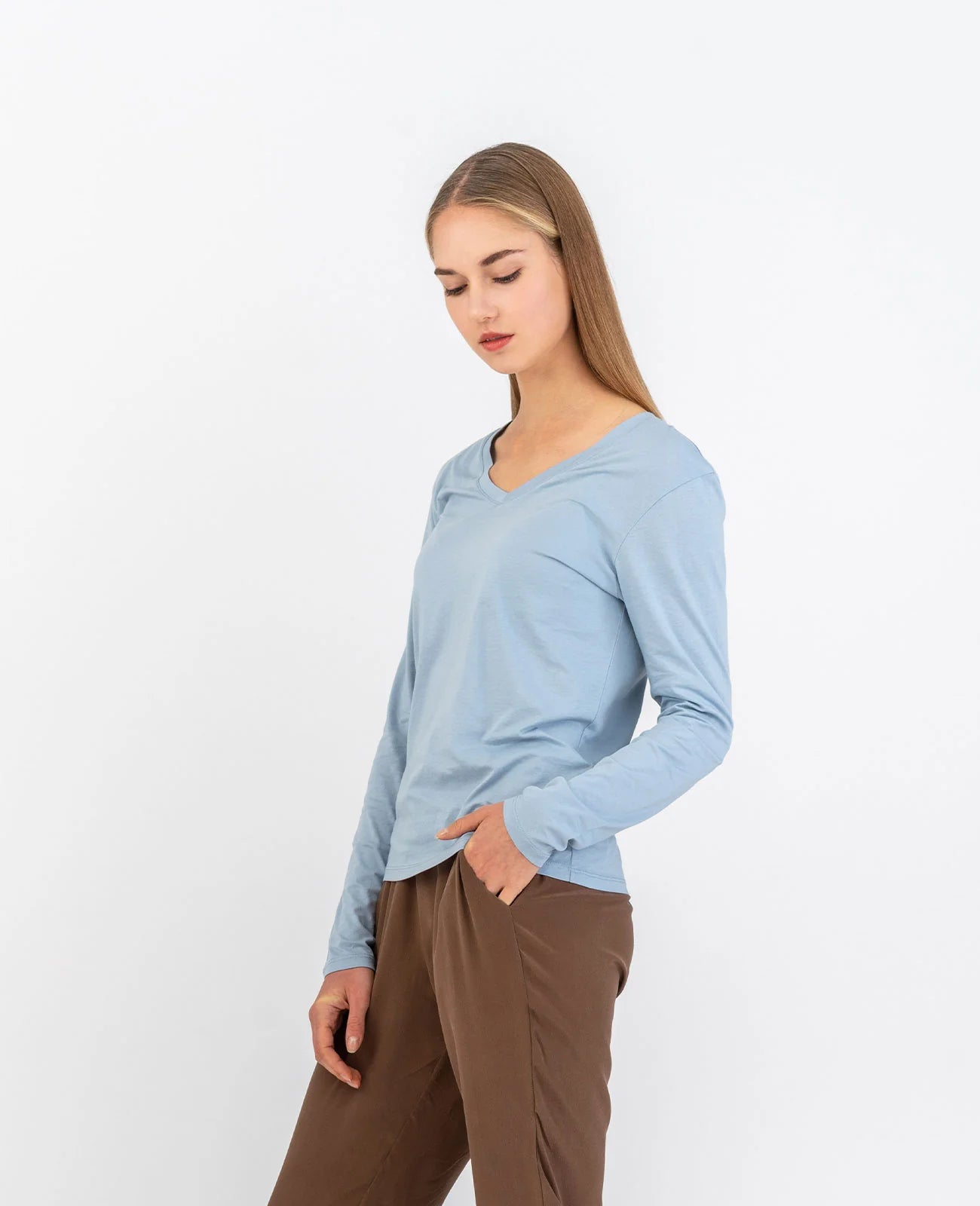 Organic Pima Cotton Long Sleeve V Neck Tee