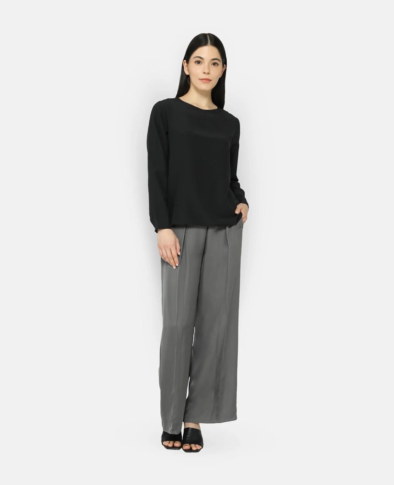 Silk Long Sleeve Crew Neck Blouse