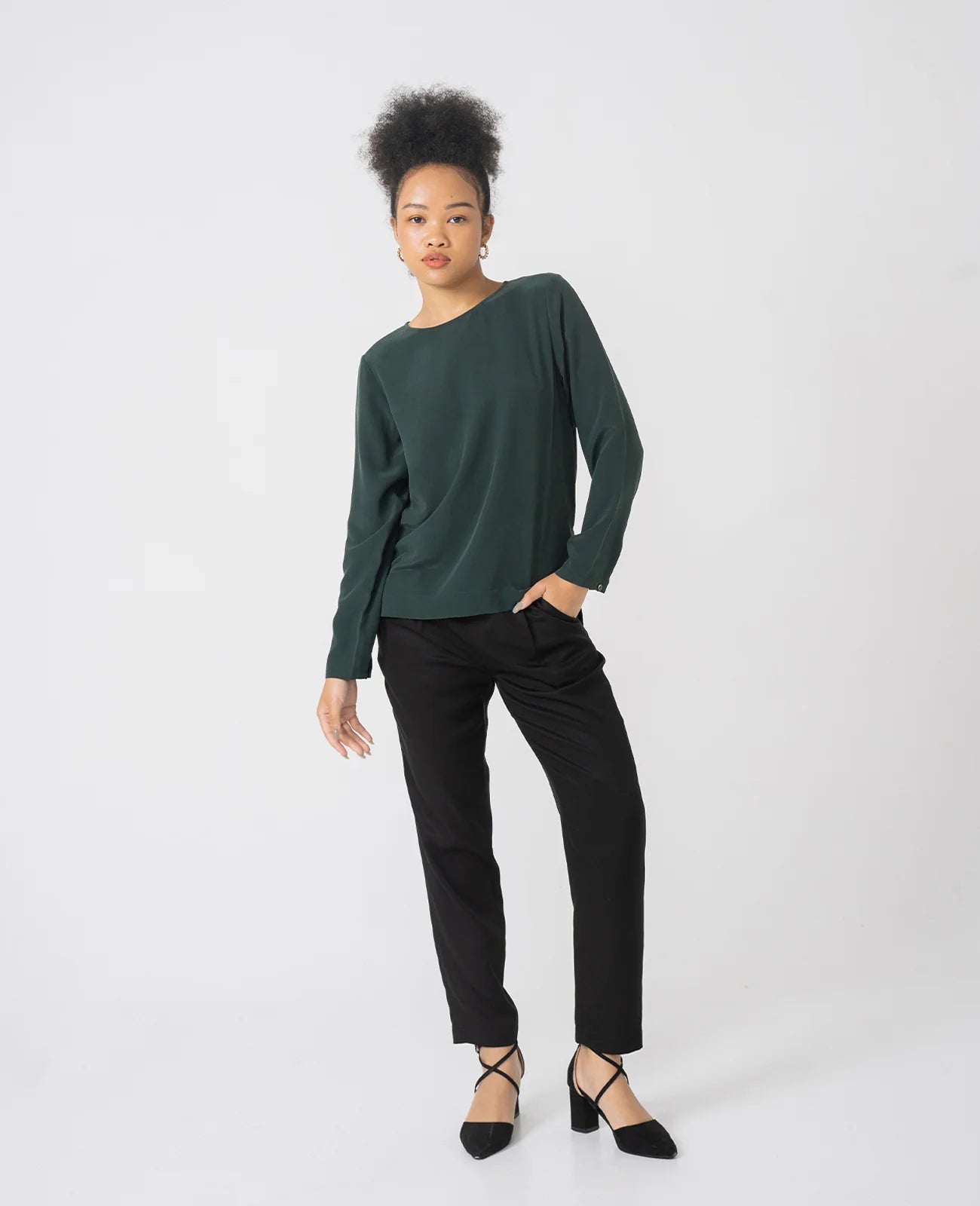 Silk Long Sleeve Crew Neck Blouse
