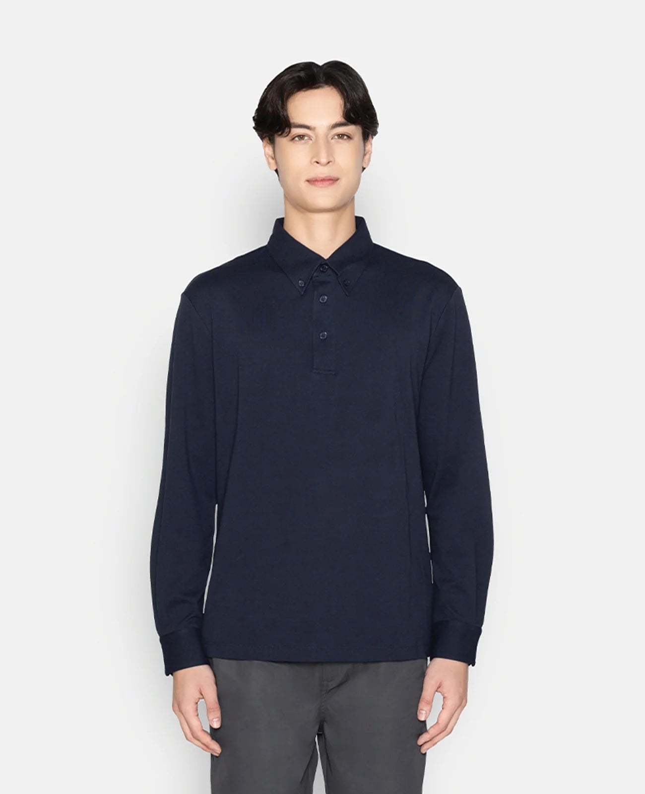 Pique Buttoned Collar Long Sleeve Polo