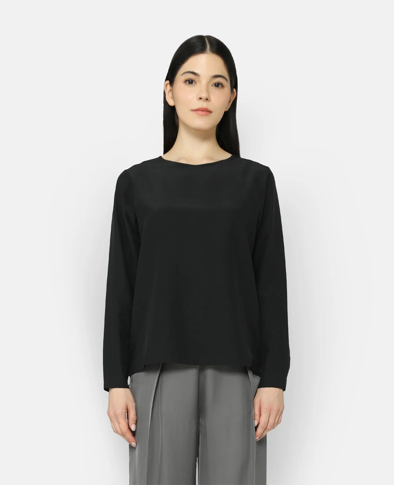 Silk Long Sleeve Crew Neck Blouse
