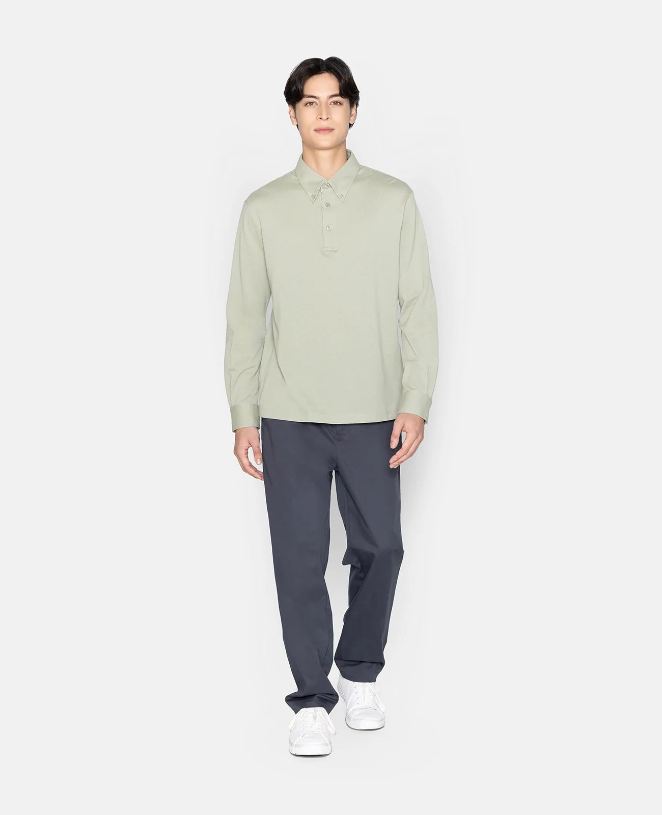 Pique Buttoned Collar Long Sleeve Polo