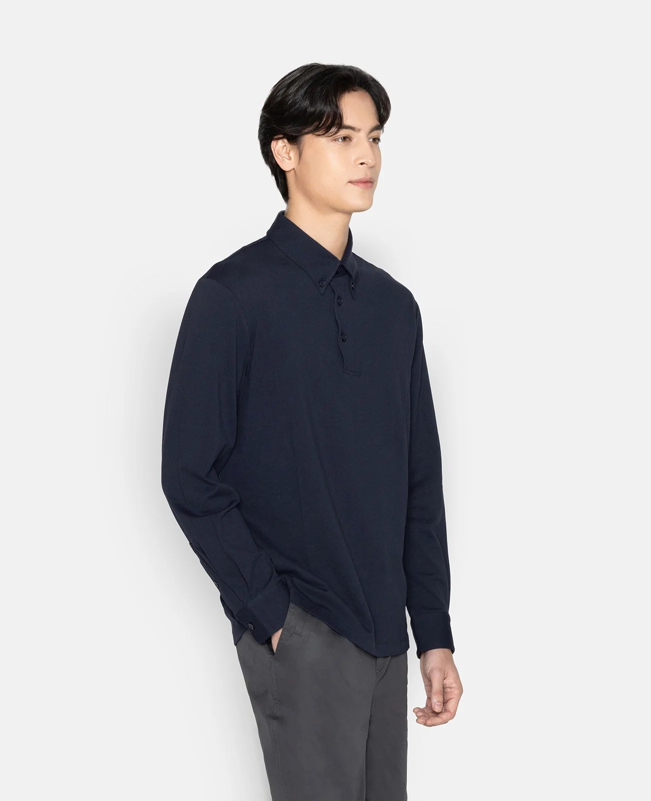 Pique Buttoned Collar Long Sleeve Polo