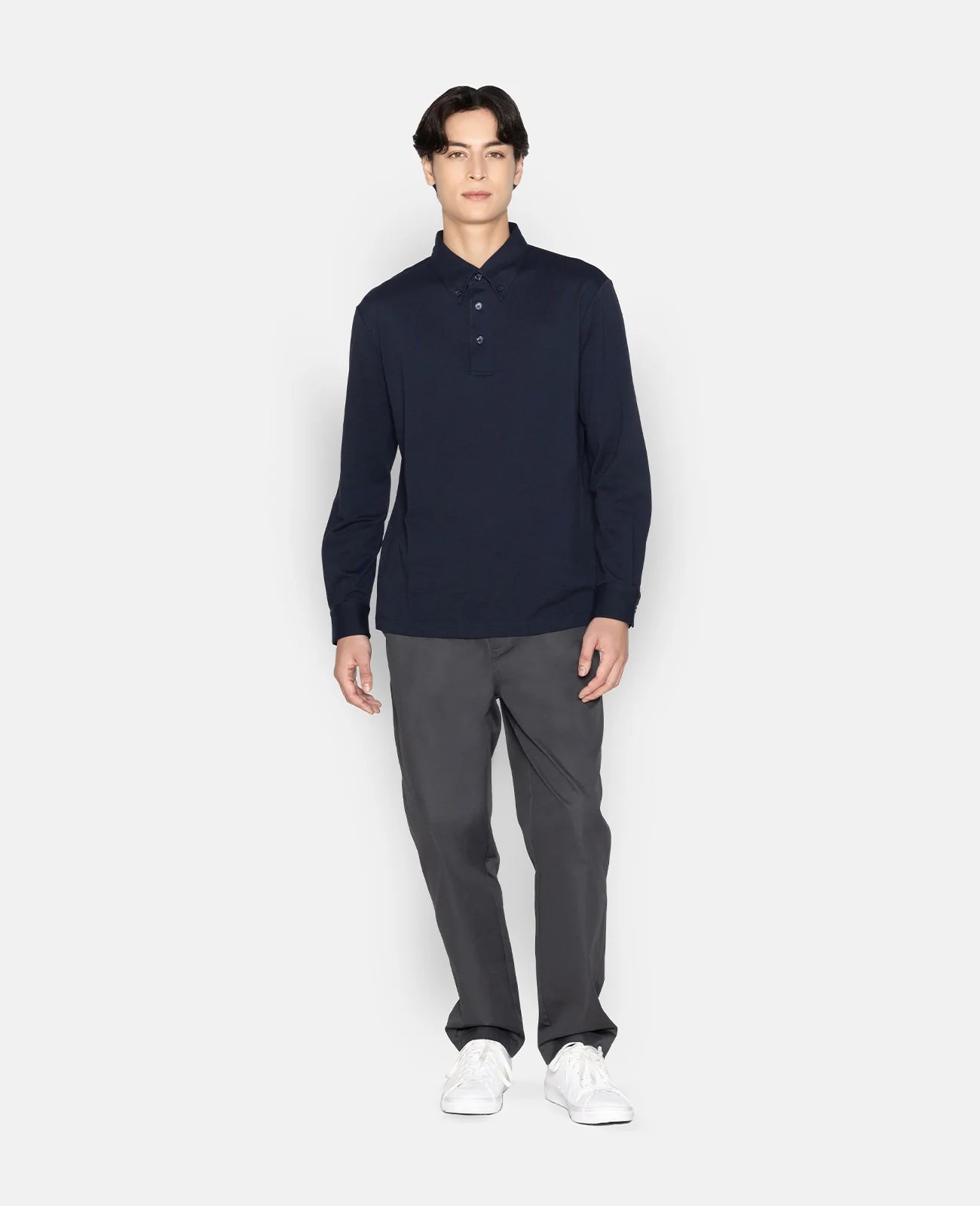 Pique Buttoned Collar Long Sleeve Polo